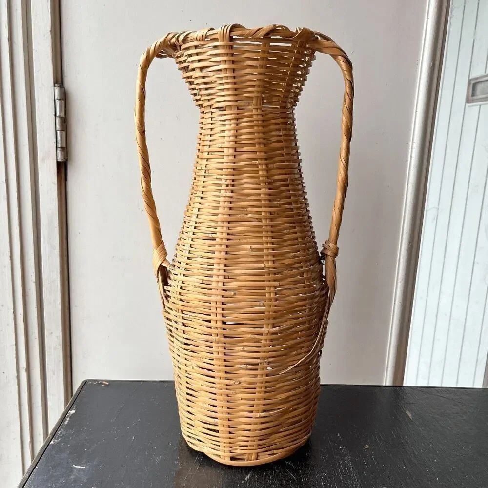 Vintage Handwoven Wicker Amphora-Style Vase with Twisted Handles